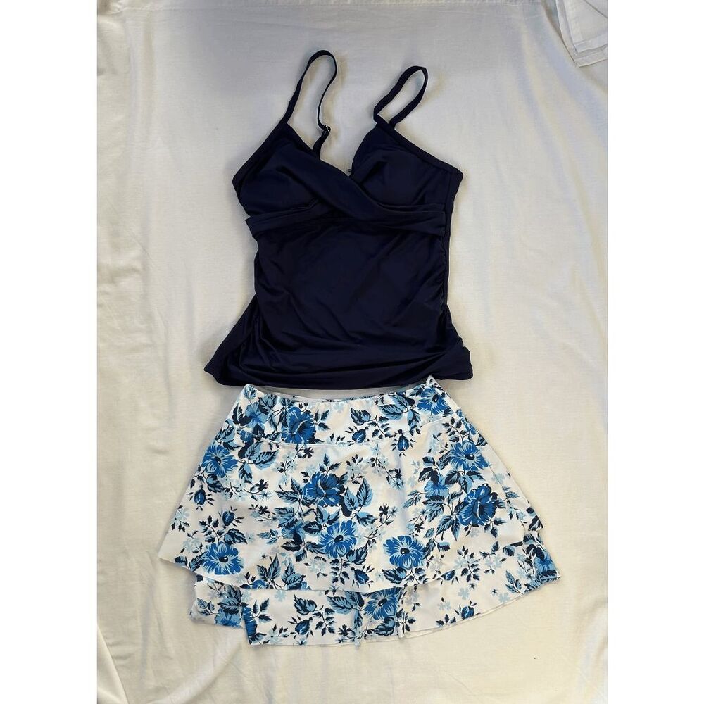 Women's Yoniqui Tankini & Swim Skirt Set, Blue/White, Size Large, Flowers